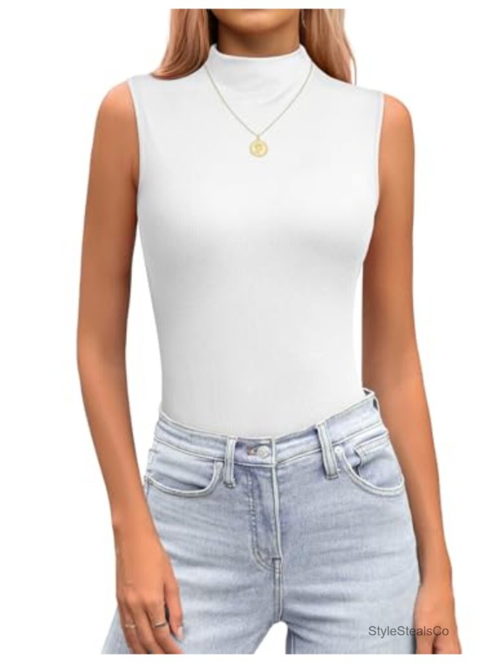 Mock Turtleneck Sleeveless Top High Neck Tank Top Stretch Relaxed Fit Women
